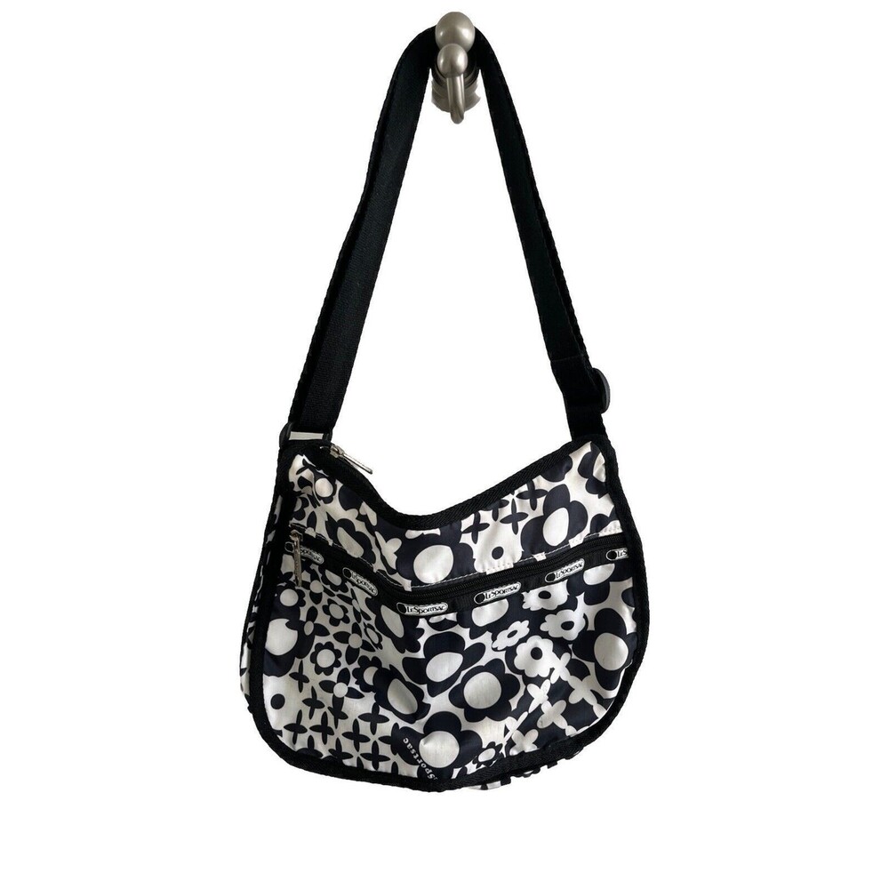 EUC LeSportsac Black & White Florals Prints Crossbody adjustable Strap Bag Purse